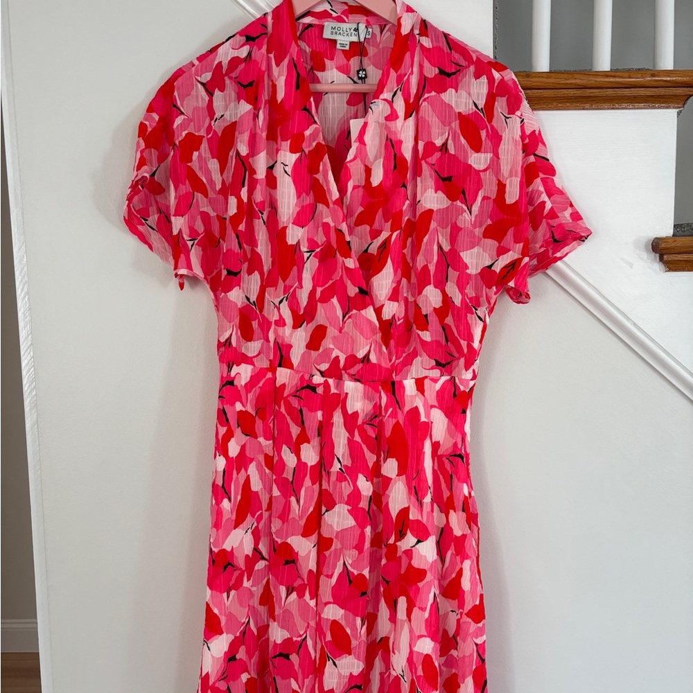 Molly Bracken Pink and Red Patterned Midi Dress